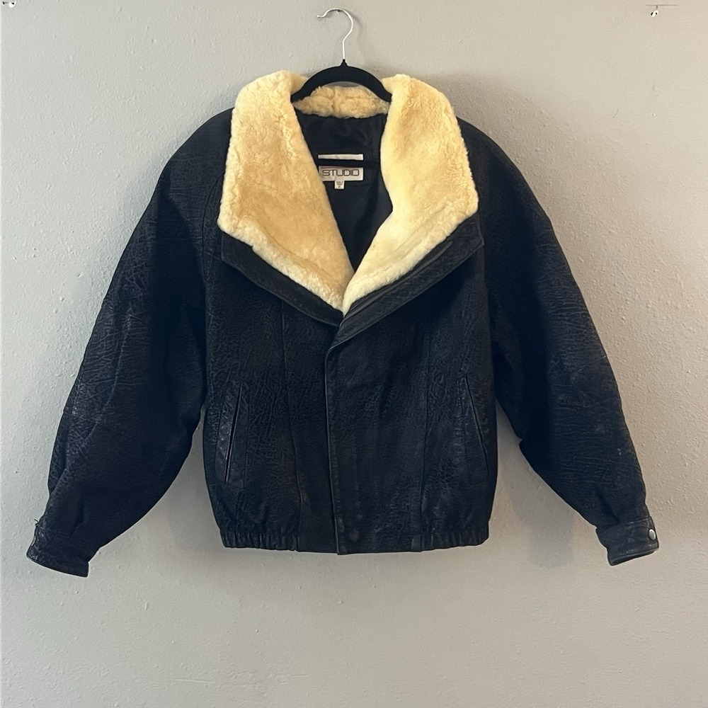 Vintage Pelle Studio Leather Bomber Jacket S Shearling Lamb Fur Aviator Black